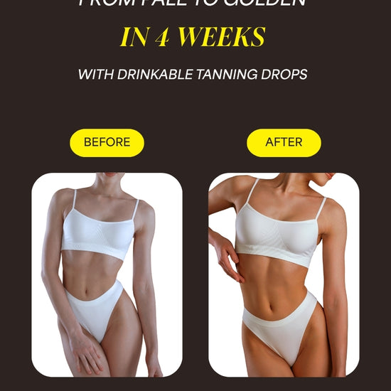 Sunslut Glowjob No.1 before and after results — visible bronzed glow after 4 weeks of daily tanning drops.