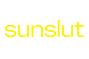 Sunslut yellow text logo PNG — minimalist wordmark for drinkable tanning brand.