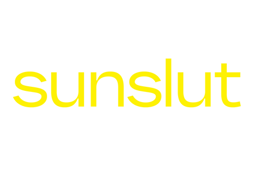 Sunslut yellow text logo PNG — minimalist wordmark for drinkable tanning brand.