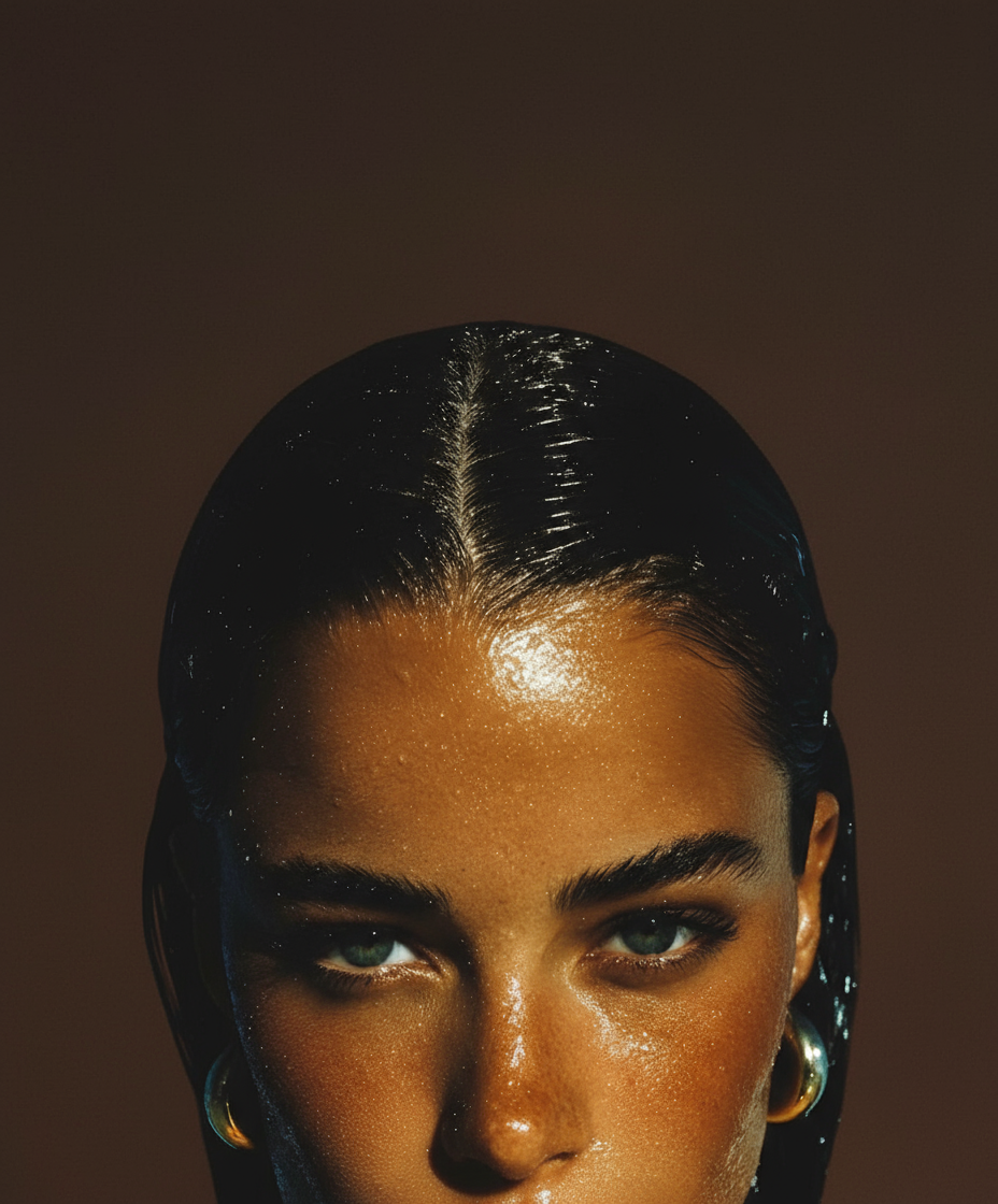 Close-up of glossy, bronzed skin with wet hair against a brown background — Sunslut glow in full power mode.