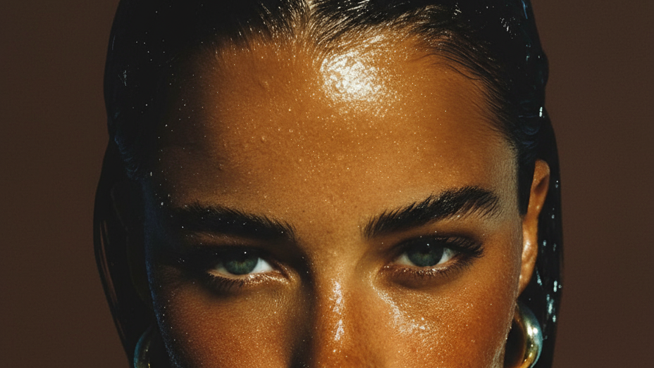 Close-up of wet, glowing skin and bronzed complexion — Sunslut-inspired radiant tan.