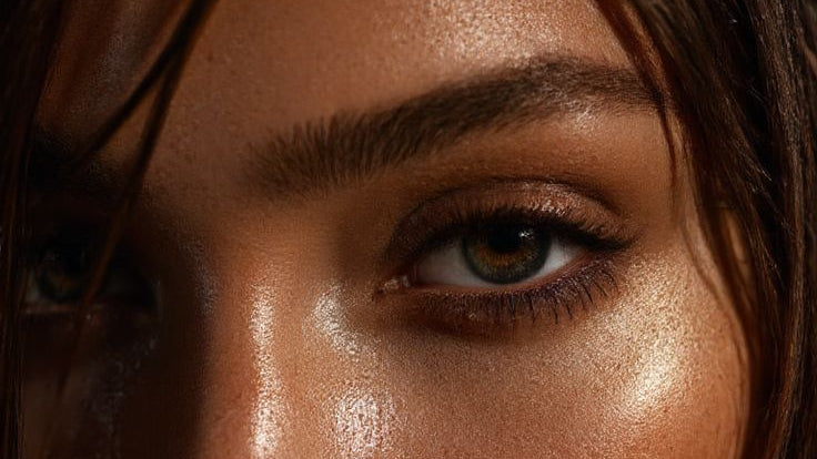 Close-up of bronzed skin and glowing eyes — radiant, sun-kissed finish inspired by Sunslut.