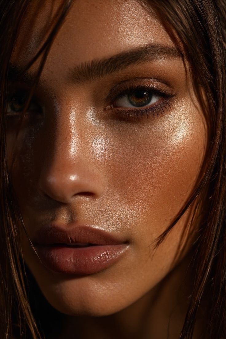 Close-up of glowing bronzed skin and glossy lips — Sunslut-inspired natural tan and highlight.