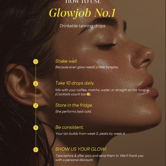 How to use Sunslut Glowjob No.1 drinkable tanning drops — step-by-step instructions over a glowing bronzed profile shot.