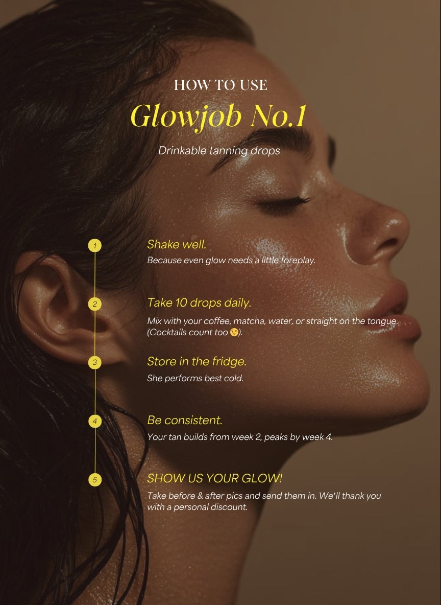 How to use Sunslut Glowjob No.1 drinkable tanning drops — step-by-step instructions over a glowing bronzed profile shot.