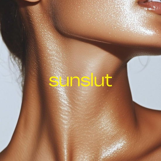 Close-up of a radiant, sun-kissed neckline with glossy vacation glow — Sunslut logo in bold yellow.