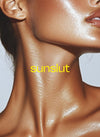 Close-up of a radiant, sun-kissed neckline with glossy vacation glow — Sunslut logo in bold yellow.